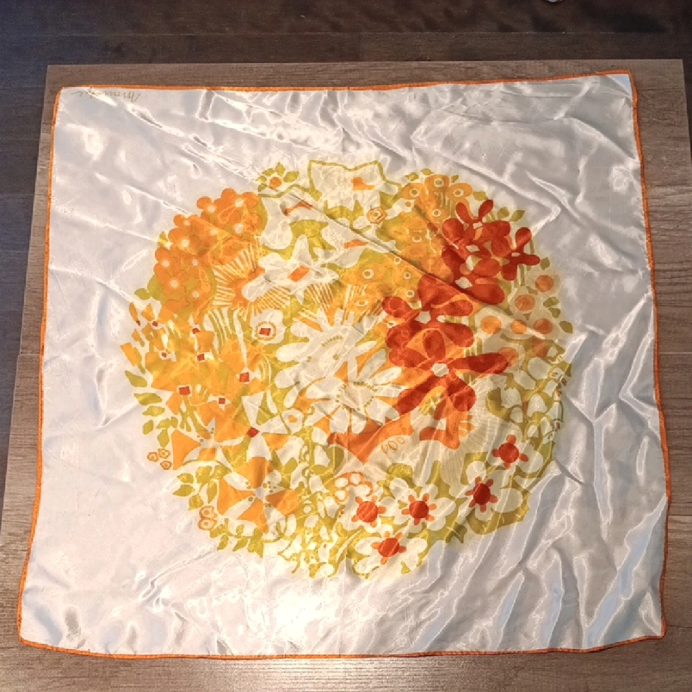 ^ Vintage Monique Silk Orange Retro Floral Scarf